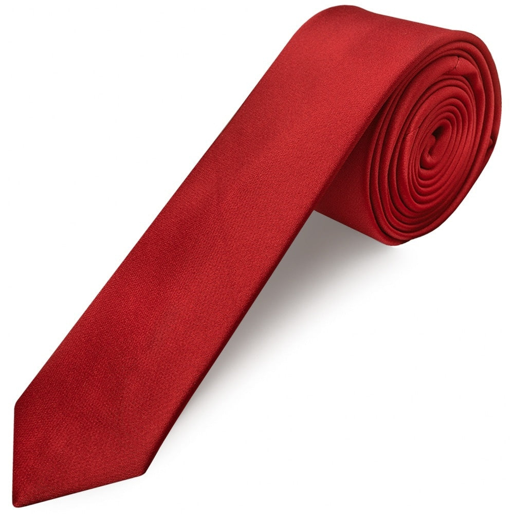Plain Scarlet Red Skinny Mens Satin Tie 1