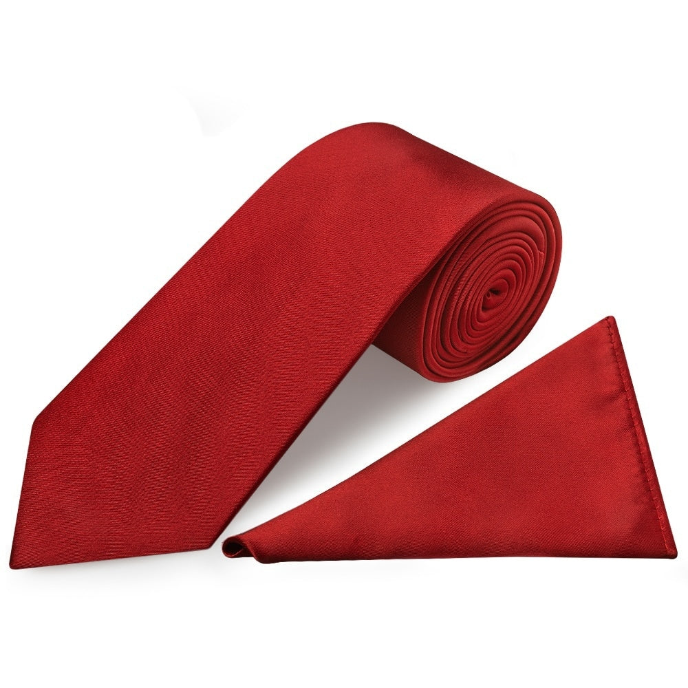 Plain Scarlet Red Satin Classic Mens Tie And Pocket Square Set 1