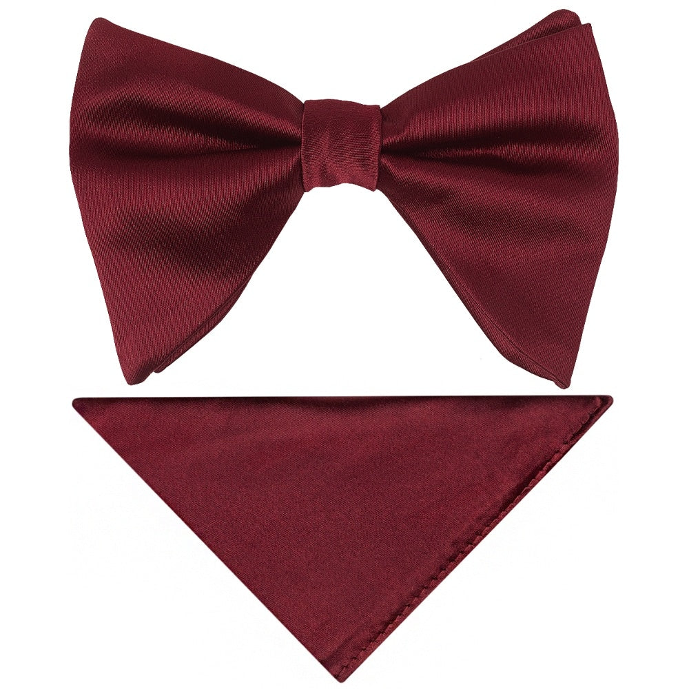 Mens Plain Burgundy Oversized Satin Bow Tie And Pocket Square Set 1