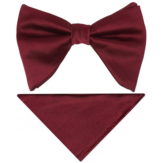 Mens Plain Burgundy Oversized Satin Bow Tie And Pocket Square Set 1
