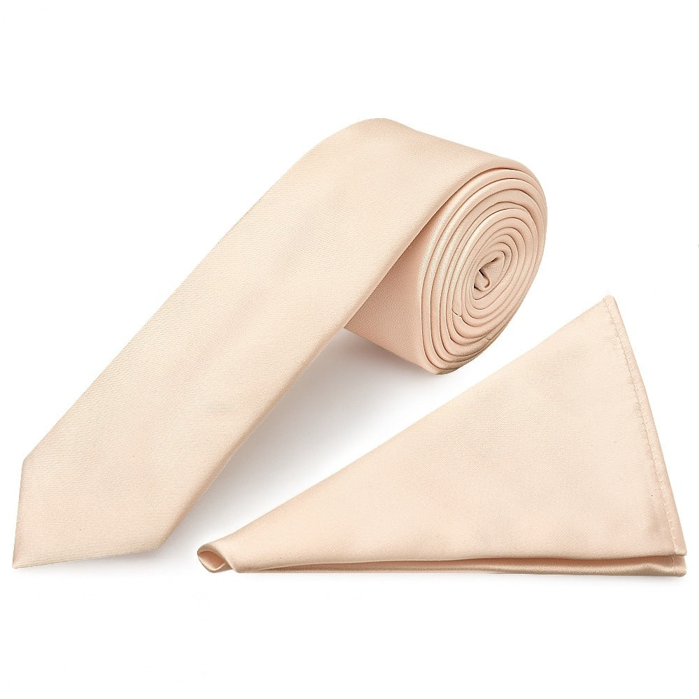 Plain Blush Satin Skinny Mens Tie And Pocket Square Set 1