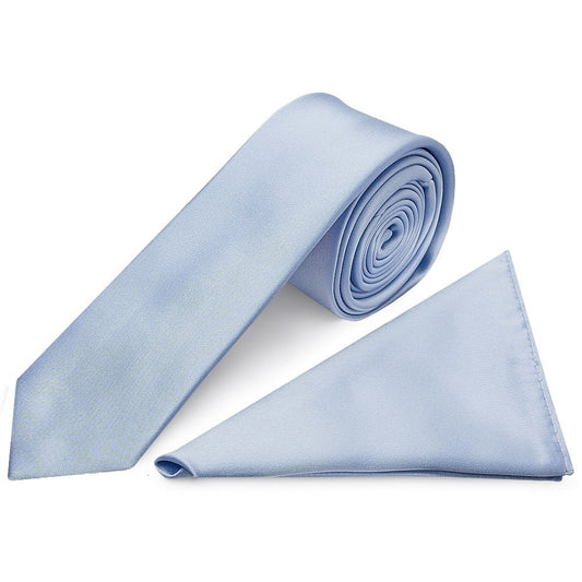 Plain Dusty Blue Satin Skinny Mens Tie and Pocket Square