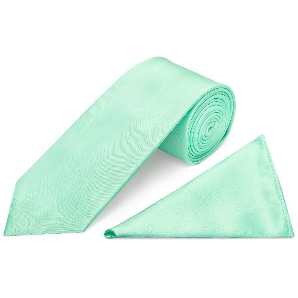 Plain Mint Green Satin Classic Mens Tie And Pocket Square Set 1