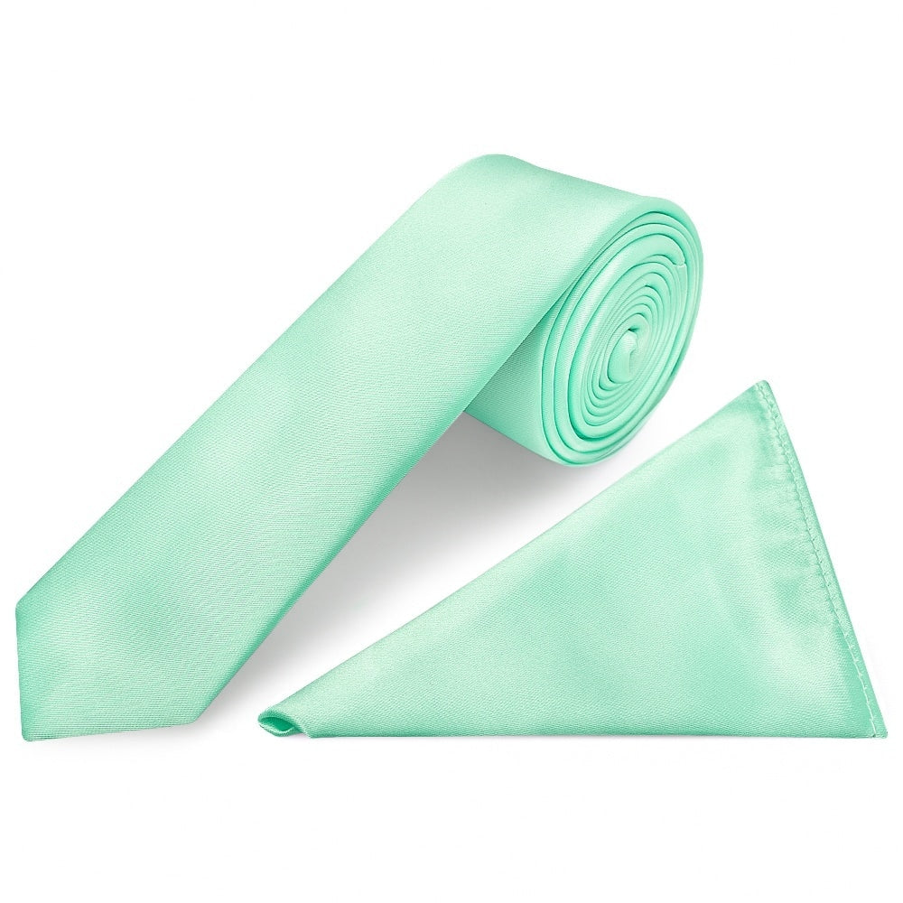 Plain Mint Green Satin Skinny Mens Tie And Pocket Square Set 1