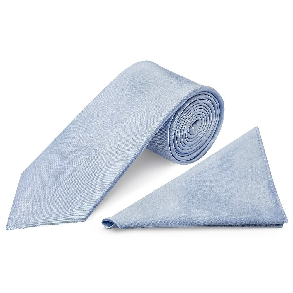 Plain Dusty Blue Satin Classic Mens Tie and Pocket Square Set