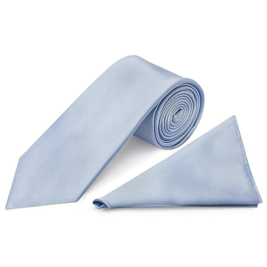 Plain Dusty Blue Satin Classic Mens Tie And Pocket Square Set 1