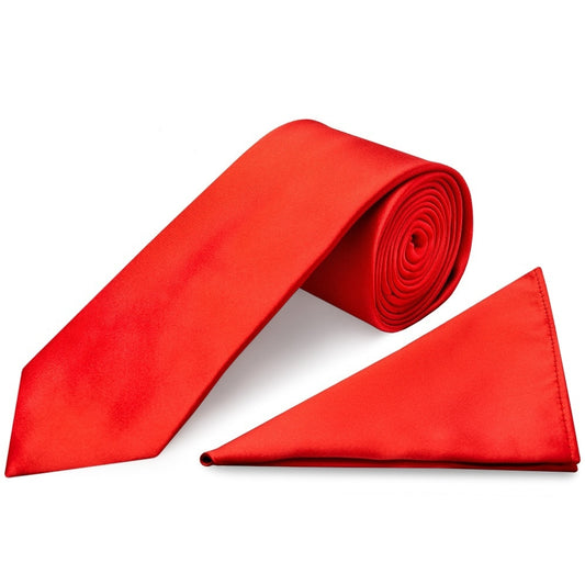 Plain Bright Red Satin Classic Mens Tie And Pocket Square Set 1
