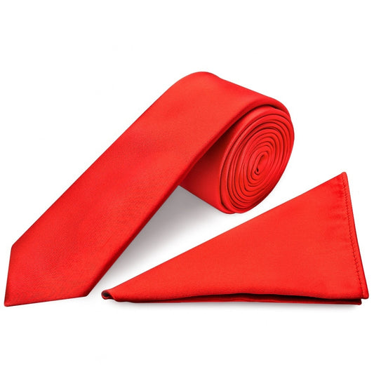 Plain Bright Red Satin Skinny Mens Tie And Pocket Square Set 1