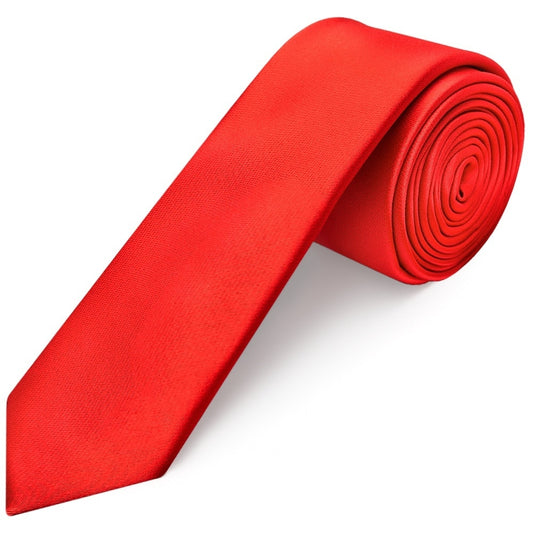 Bright Red Satin Skinny Boys Tie and Pocket Square Set