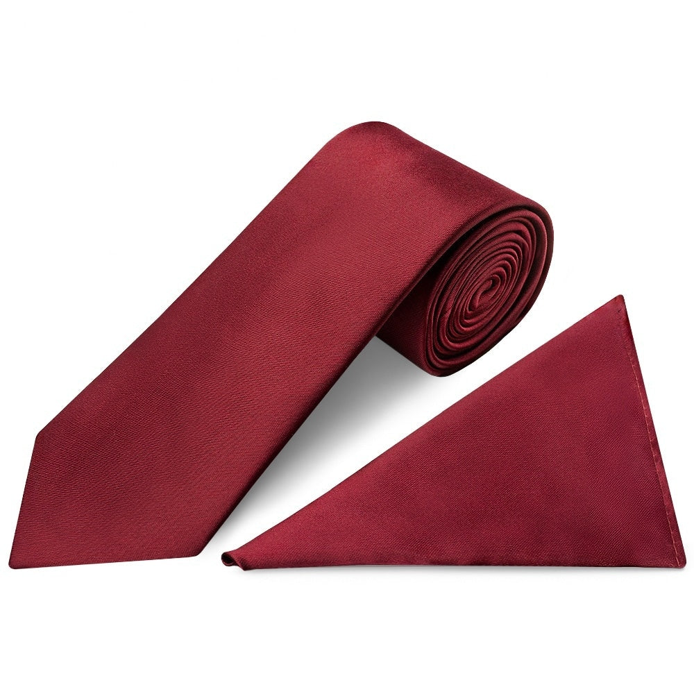 Plain Maroon Satin Classic Mens Tie And Pocket Square Set 1