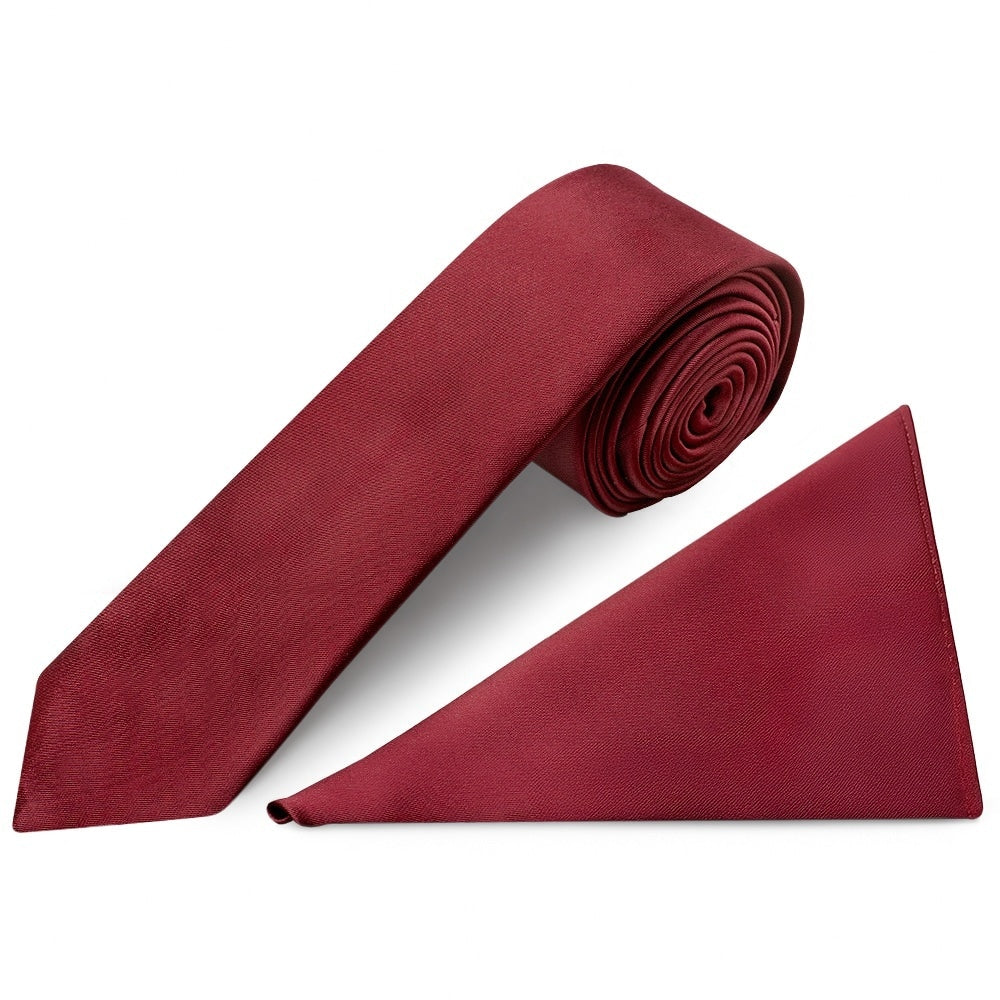 Plain Maroon Satin Skinny Boys Tie And Pocket Square Set 1