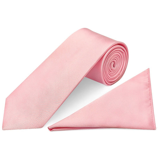 Plain Pink Satin Classic Mens Tie And Pocket Square Set 1
