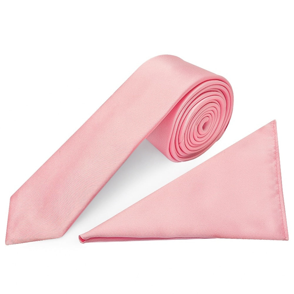 Plain Pink Satin Skinny Mens Tie And Pocket Square Set 1