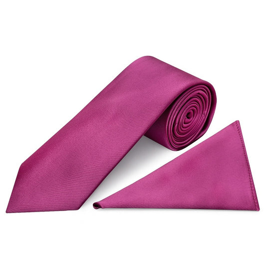 Plain Fuchsia Pink Satin Classic Mens Tie And Pocket Square Set 1