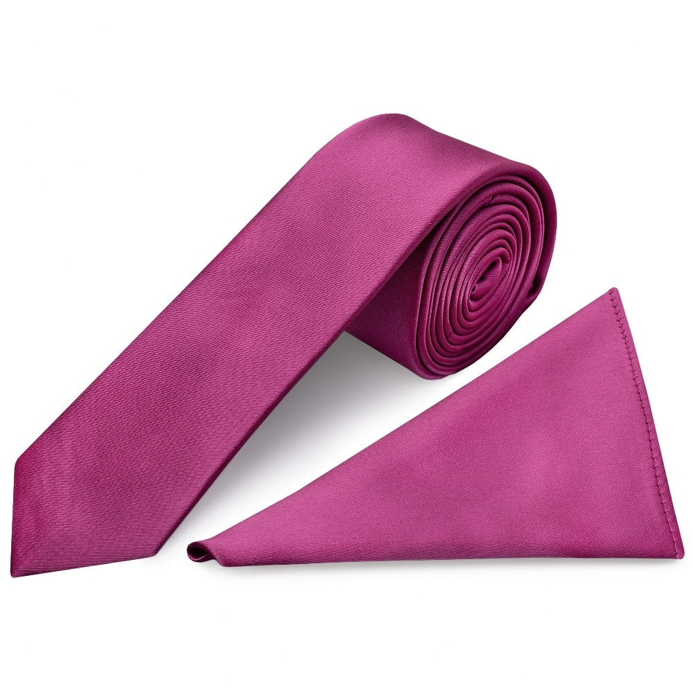 Fuchsia Pink Satin Skinny Mens Tie And Pocket Square Set 1