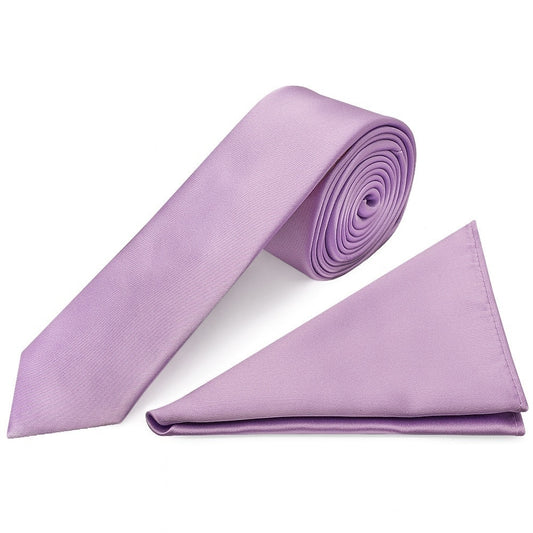 Plain Lilac Skinny Mens Tie And Pocket Square Set 1