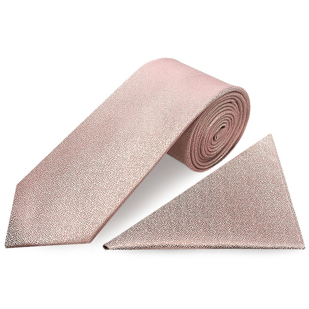 Plain Rose Gold Textured Silk Classic Mens Tie And Pocket Square Set 1