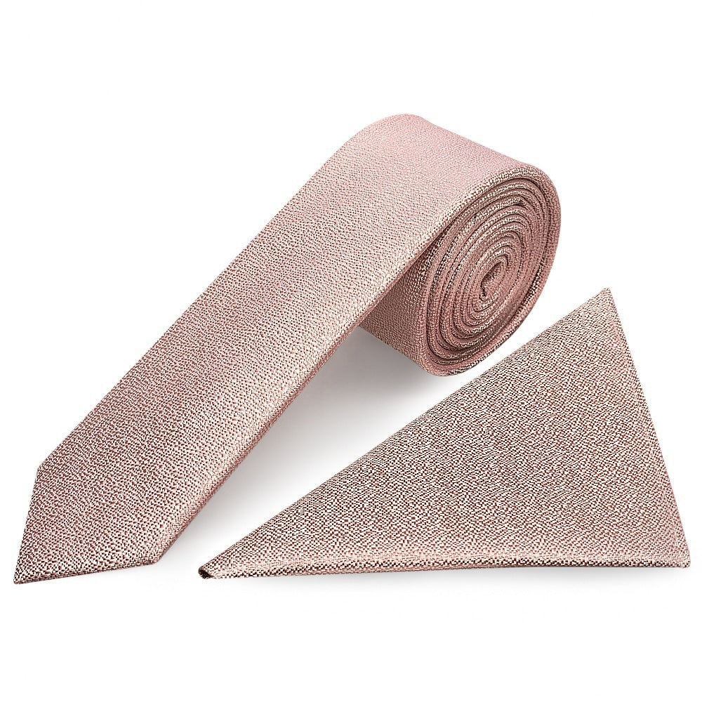 Plain Rose Gold Textured Silk Skinny Mens Tie And Pocket Square Set 1