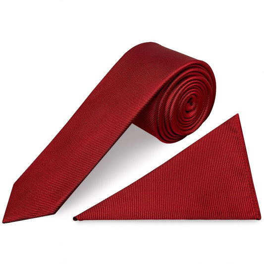 Red Silk Twill Skinny Mens Tie And Pocket Square Set 1