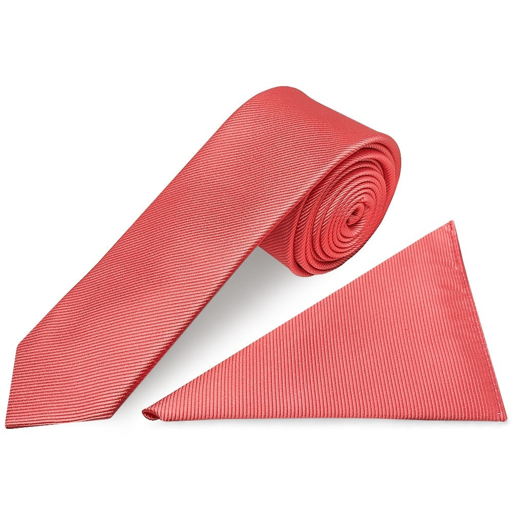 Salmon Pink Silk Twill Skinny Mens Tie And Pocket Square Set 1
