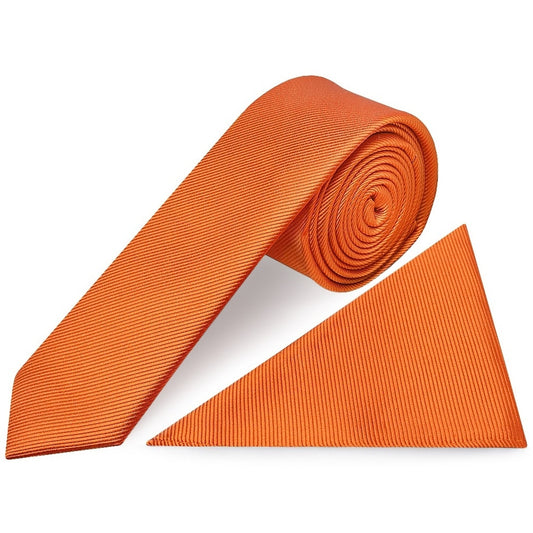 Orange Silk Twill Skinny Mens Tie And Pocket Square Set 1