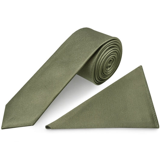 Olive Silk Twill Skinny Mens Tie And Pocket Square Set 1