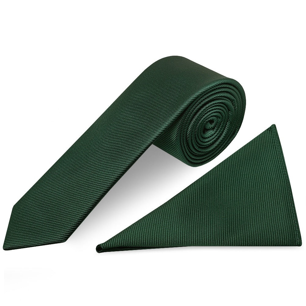 Bottle Green Silk Twill Skinny Mens Tie And Pocket Square Set 1