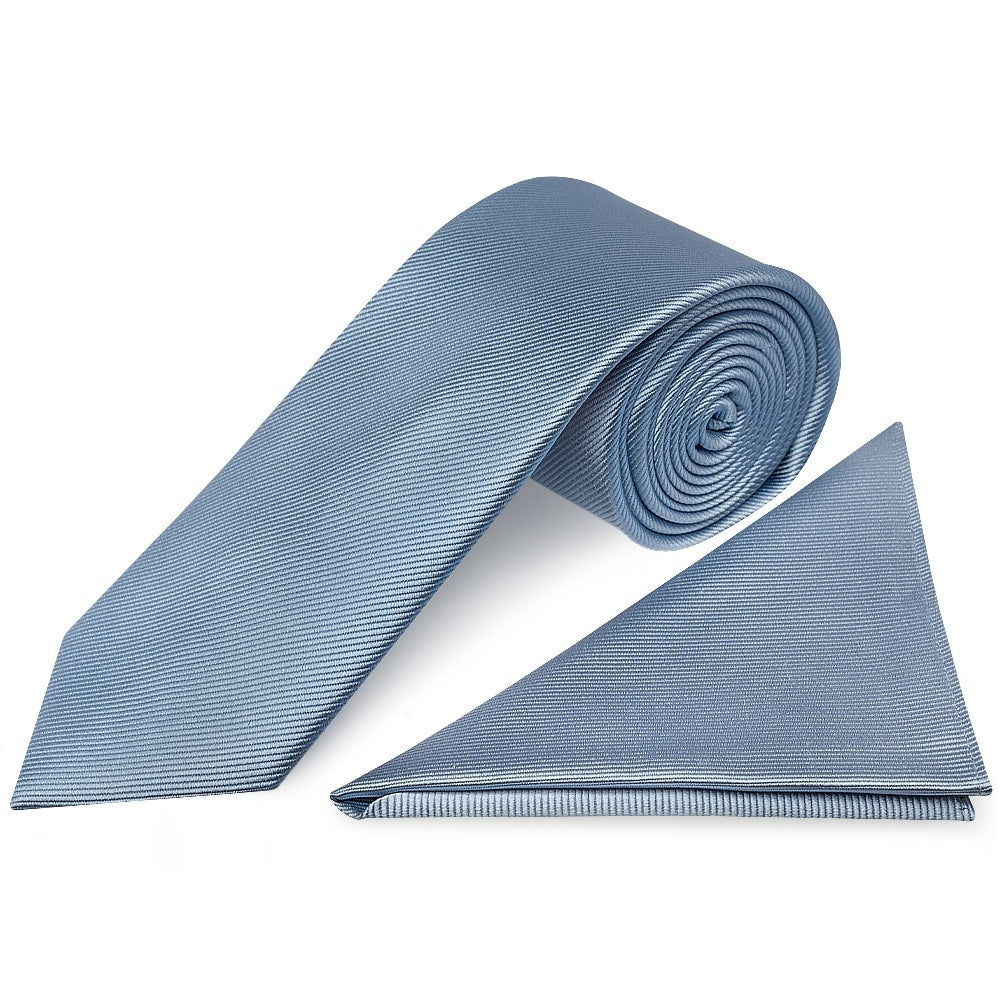 Light Blue Silk Twill Classic Mens Tie And Pocket Square Set 1