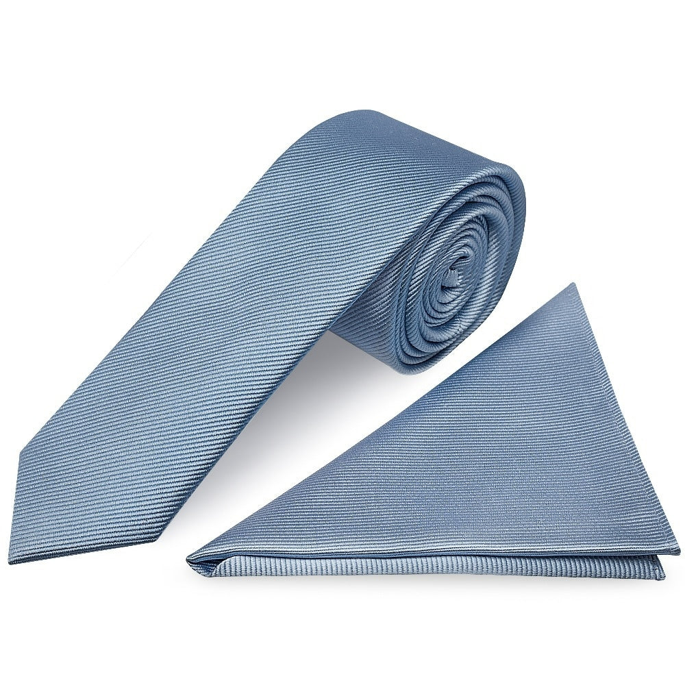 Light Blue Silk Twill Skinny Mens Tie And Pocket Square Set 1