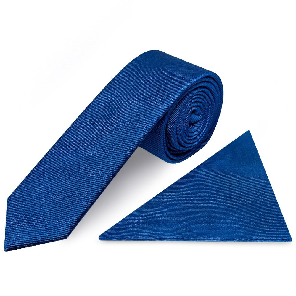 Royal Blue Silk Twill Skinny Mens Tie And Pocket Square Set 1