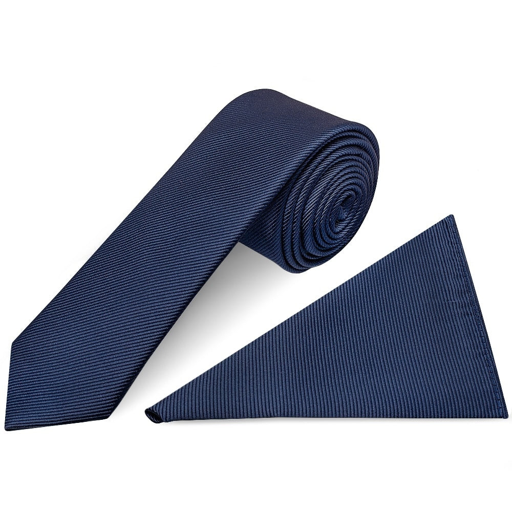 French Navy Silk Twill Skinny Mens Tie And Pocket Square Set 1