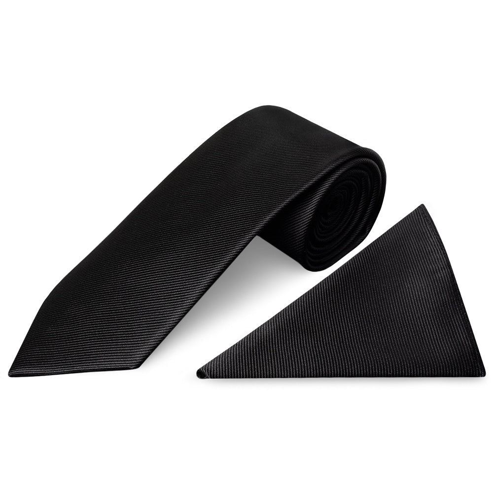 Black Silk Twill Silk Classic Mens Tie And Pocket Square Set 1