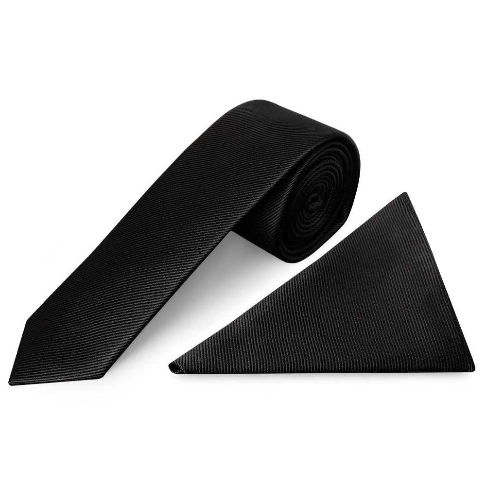 Black Silk Twill Skinny Mens Tie And Pocket Square Set 1