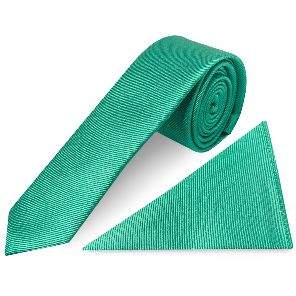 Emerald Green Silk Twill Skinny Mens Tie And Pocket Square Set 1