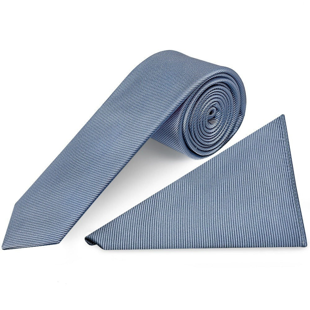 Dusty Blue Silk Twill Skinny Mens Tie And Pocket Square Set 1