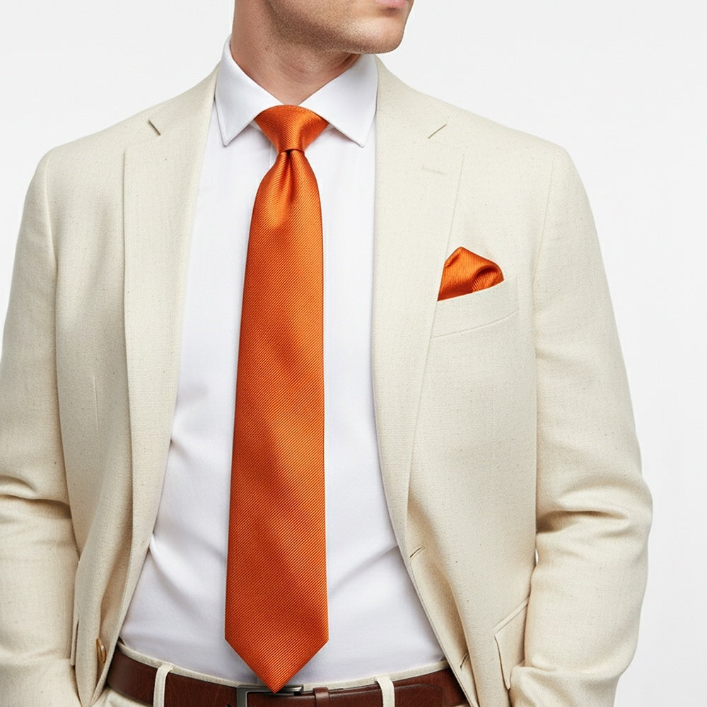 Orange Silk Twill Classic Mens Tie And Pocket Square Set 2