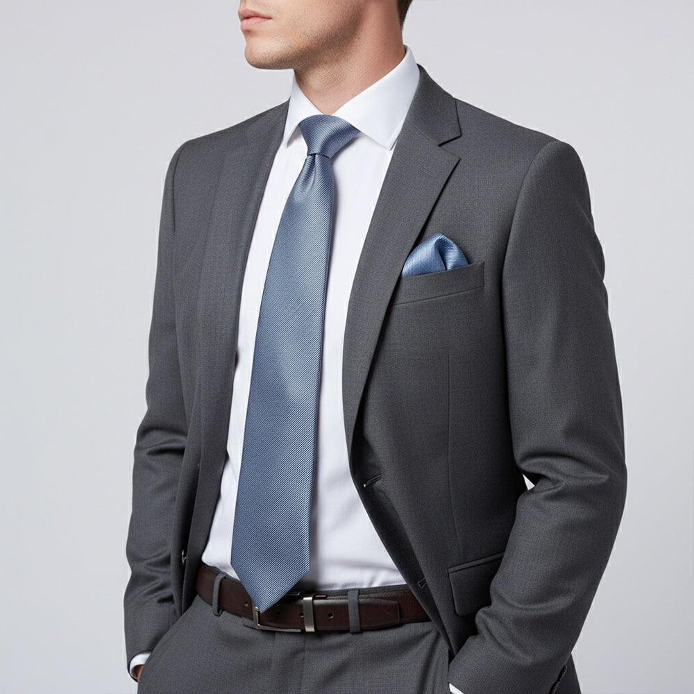 Dusty Blue Silk Twill Classic Mens Tie And Pocket Square Set 2
