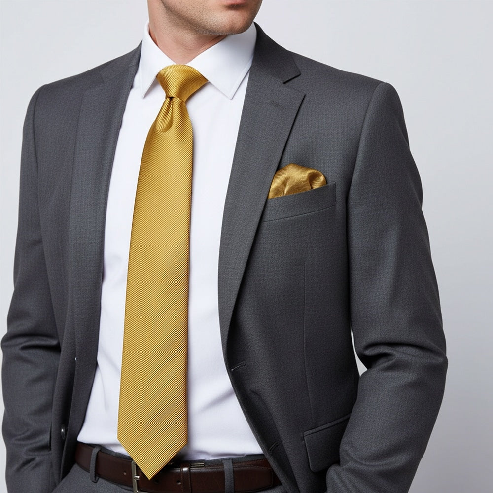 Mustard Yellow Silk Twill Classic Mens Tie And Pocket Square Set 2