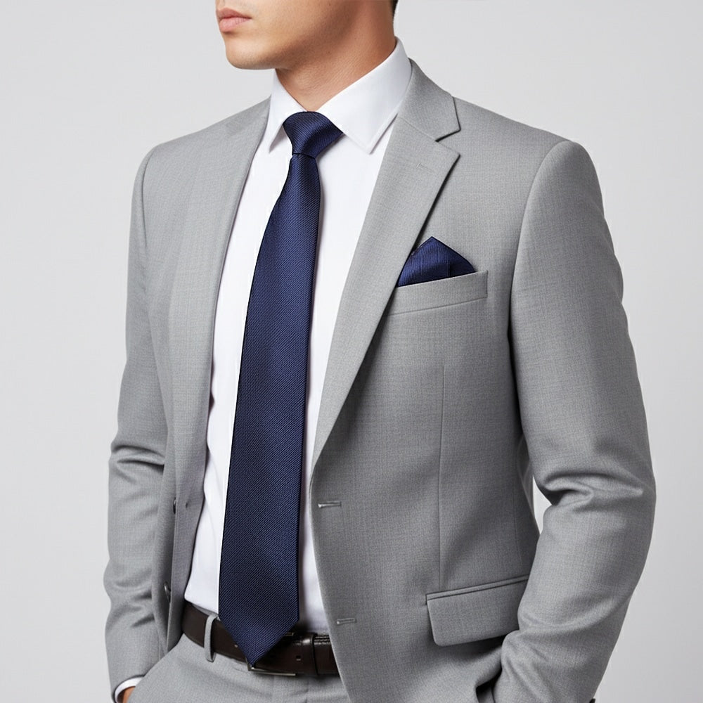 French Navy Silk Twill Classic Mens Tie And Pocket Square Set 2