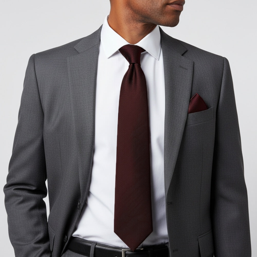 Burgundy Silk Twill Classic Mens Tie And Pocket Square Set 2