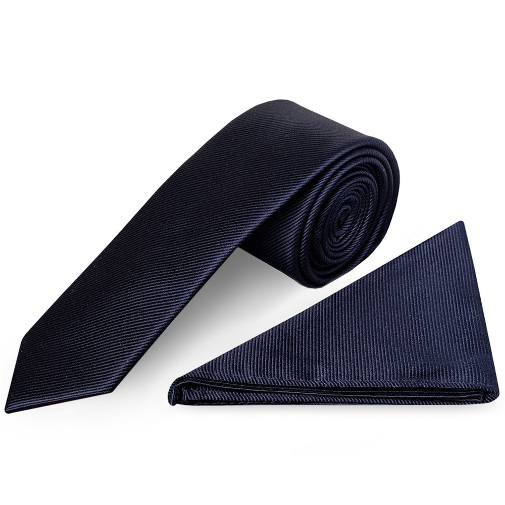 Navy Silk Twill Skinny Mens Tie And Pocket Square Set 1