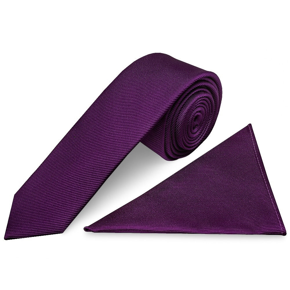 Purple Silk Twill Skinny Mens Tie And Pocket Square Set 1