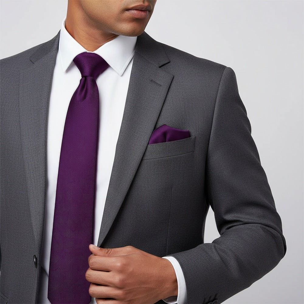 Purple Silk Twill Silk Classic Mens Tie And Pocket Square Set 2