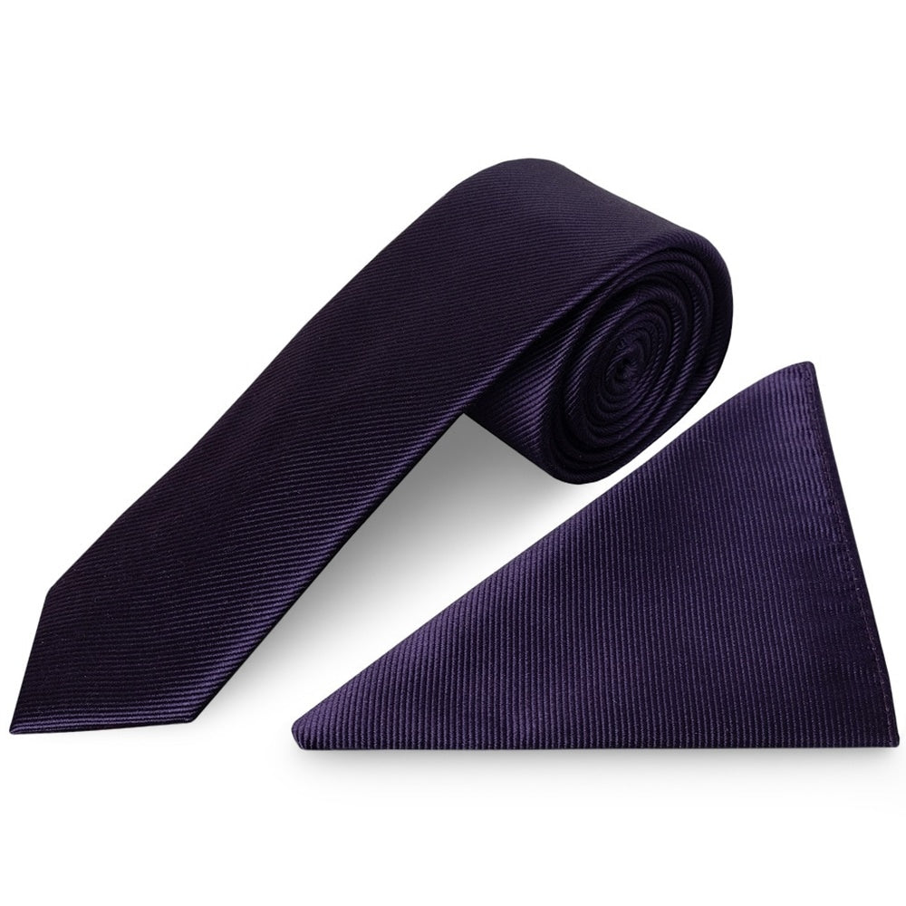 Plum Silk Twill Skinny Mens Tie And Pocket Square Set 1