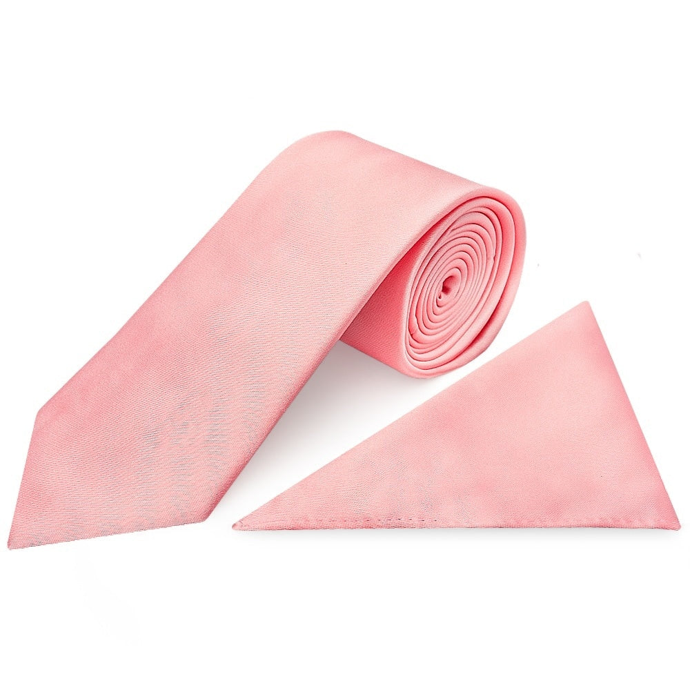 Plain Blush Rose Satin Classic Mens Tie And Pocket Square Set 1