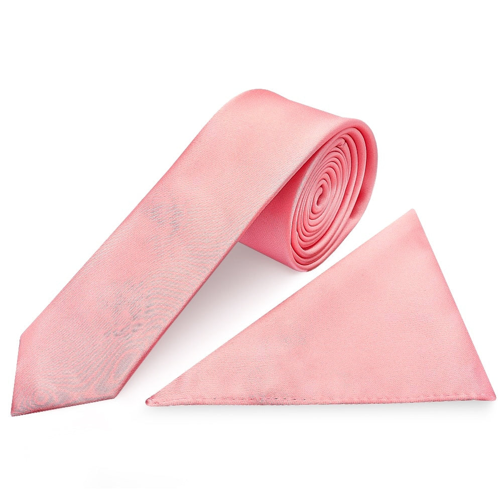 Plain Blush Rose Satin Skinny Mens Tie And Pocket Square Set 1