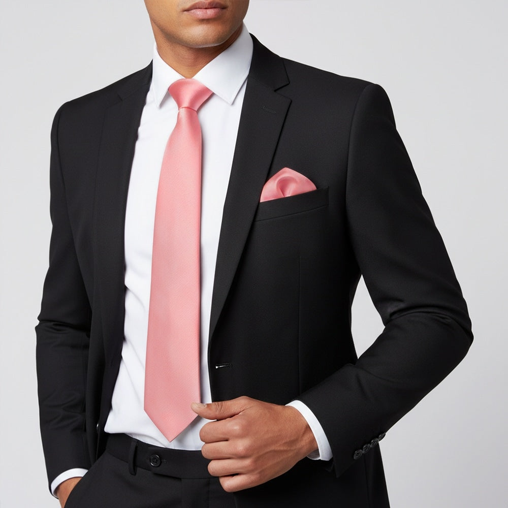 Plain Blush Rose Satin Classic Mens Tie And Pocket Square Set 2
