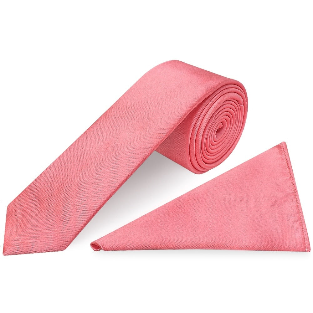Plain Light Coral Pink Satin Skinny Mens Tie And Pocket Square Set 1