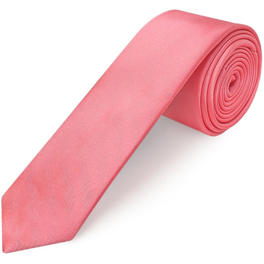 Plain Light Coral Pink Satin Skinny Boys Tie And Pocket Square Set 2