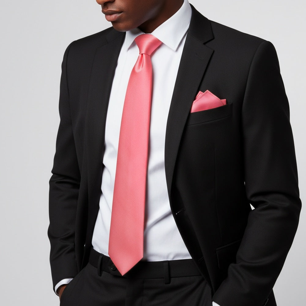Plain Light Coral Pink Satin Classic Mens Tie And Pocket Square Set 2